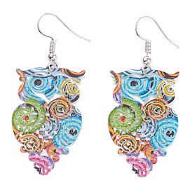Spray Painted Stainless Steel Owl Dangle Earrings, Etched Metal Embellishments, with Iron Earring Hooks, Stainless Steel Color