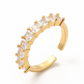 Clear Cubic Zirconia Square Open Cuff Ring, Rack Plating Brass Jewelry for Women, Lead Free & Cadmium Free