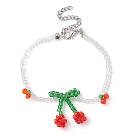 Glass Seed Beaded Cherry Charm Bracelets, with 304 Stainless Steel Clasps