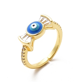 Cubic Zirconia Candy with Enamel Evil Eye Open Cuff Ring, Brass Jewelry for Women
