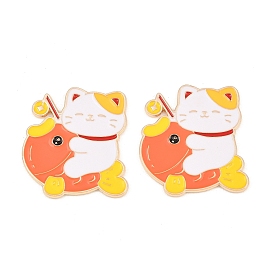 Cabujones de esmalte de la aleación, con adhesivo autoadhesivo, Gato de la suerte con peces koi, la luz de oro