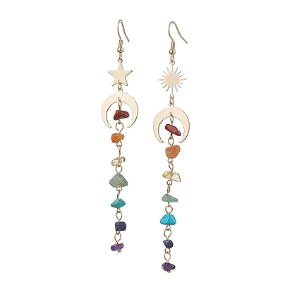 Natural Mixed Stone & Synthetic Turquoise Dangle Earrings, with 304 Stainless Steel Earring Hooks, Moon with Star/Sun, Golden