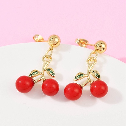 Серьги-гвоздики из латуни, вишня, с кубического циркония