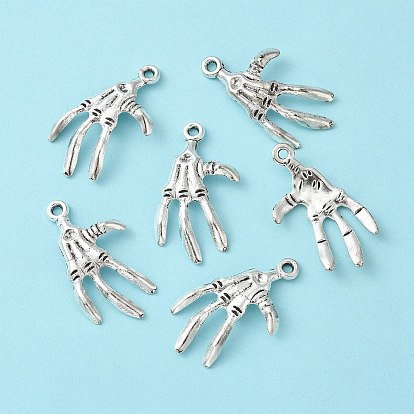 Tibetan Style Alloy Skeleton Hand Pendants for Halloween, Lead Free and Cadmium Free, 32x19x3mm, Hole: 2mm