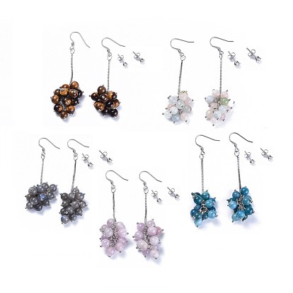 Juegos de aretes, con cuentas redondas de piedras preciosas naturales, hallazgos de zirconia cúbica y acero inoxidable, cajas de joyas de cartón