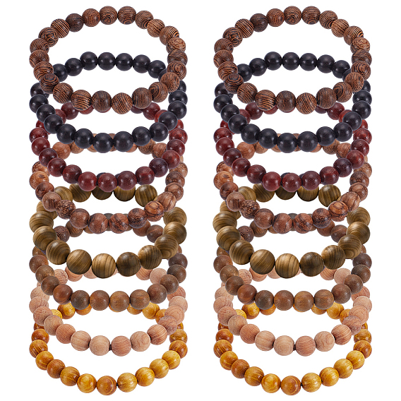 16шт. 8 стили браслет из натурального сандалового дерева с круглыми бусинами, эластичный, для мужчин и женщин