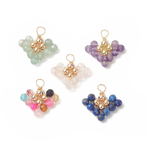 Плетеные подвески из натуральных смешанных драгоценных камней, ограненные сердце прелести, с медной проволокой золотого тона, обернутой, смешанные окрашенные и неокрашенные