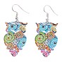 Spray Painted Stainless Steel Owl Dangle Earrings, Etched Metal Embellishments, with Iron Earring Hooks, Stainless Steel Color