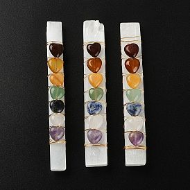 Chakra Jewelry, Natural Selenite Home Decorations, with Brass Wire Wrapped and Natural Gemstone Heart Beads, Rectangle
