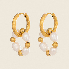 304 Stainless Steel with Natural Freshwater Pearl Hoop Dangle Earrings for Women