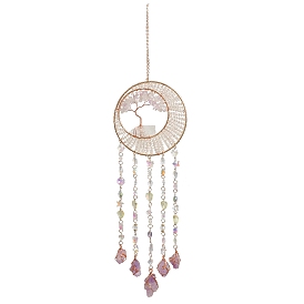 Árbol de la vida, ágata natural y fragmentos de cristal natural, atrapasoles colgantes., con cuentas de vidrio, anillo de hierro y alambre de latón para decoración de exteriores y jardines.