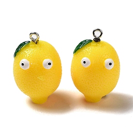 Cartoon Opaque Resin Fruit Pendants, Funny Eye Lemon Charms with Platinum Plated Iron Loops