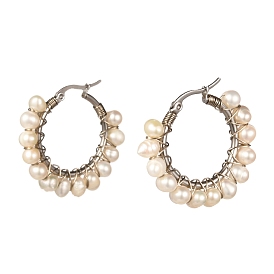 Big Ring Natural Pearl Beads Hoop Earrings for Girl Women, Stainless Steel Color