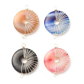 Breloques connecteurs en agate rayée naturelle, torsadé avec du fil de cuivre, teint, couleur mixte, Plat rond / disque