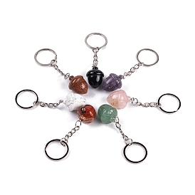 201 Stainless Steel with Natural Gemstone Pendants Keychain, Acorn