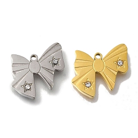 Ion Plating(IP) 304 Stainless Steel Manual Polishing Charms, with Rhinestone, Bowknot with Star Charm