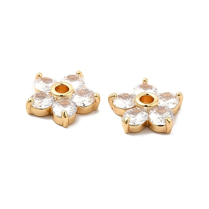 Brass Clear Cubic Zirconia Beads, 5-Petal Flower, Real 18K Gold Plated