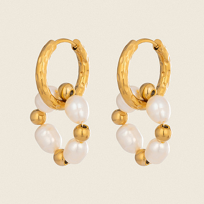 304 Stainless Steel with Natural Freshwater Pearl Hoop Dangle Earrings for Women