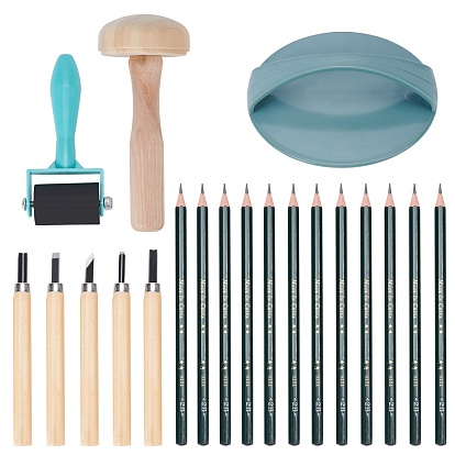 DIY Scrapbooking Tool Sets, Including Plastic & Wooden Frottage, Plastic Roller, Graphite Sketching Pencils and Pine Wood Carving Tools