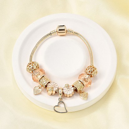 Сплав эмаль европейские бусины браслеты с подвесками, браслеты из змеиной цепи для женщин, Сердце & цветок, со смолевыми бусинами, без свинца и без кадмия