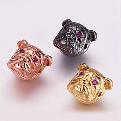 Brass Micro Pave Cubic Zirconia Puppy Beads, Bulldog Head
