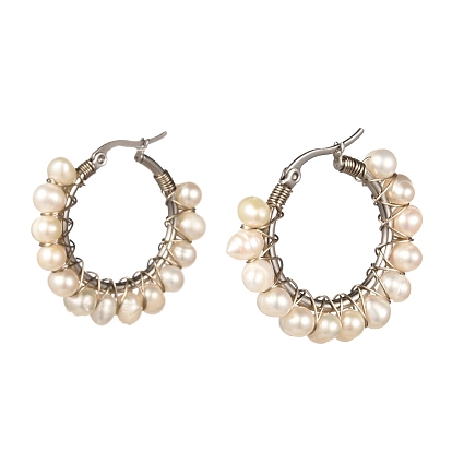 Big Ring Natural Pearl Beads Hoop Earrings for Girl Women, Stainless Steel Color