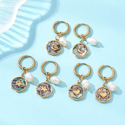 3 пары 3 стили 304 серьги-кольца из нержавеющей стали и натуральной раковины пауа, с 304 серьгами-кольцами из нержавеющей стали, плоско-круглые, золотые, с имитацией жемчуга