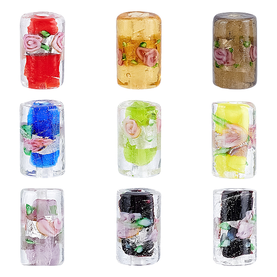 36Pcs 9 Colors Handmade Silver Foil Lampwork Beads, Column