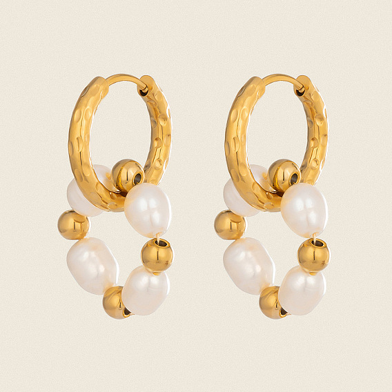 304 Stainless Steel with Natural Freshwater Pearl Hoop Dangle Earrings for Women