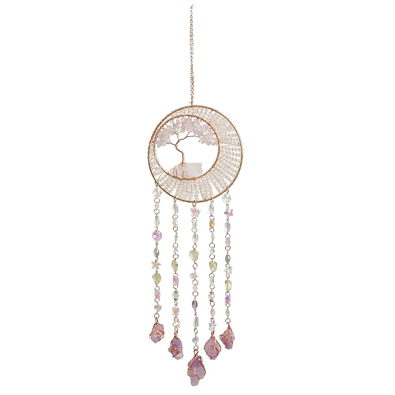 Attrape-soleil suspendus en agate naturelle et éclats de cristal naturel, arbre de vie, avec des perles de verre, un anneau en fer et du fil de laiton pour la décoration extérieure et de jardin