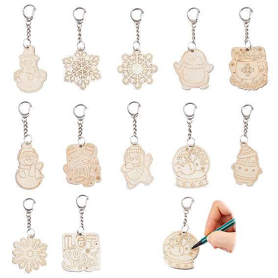 Wood Keychains, Snowman & Penguin & Snowflake & Word, Platinum