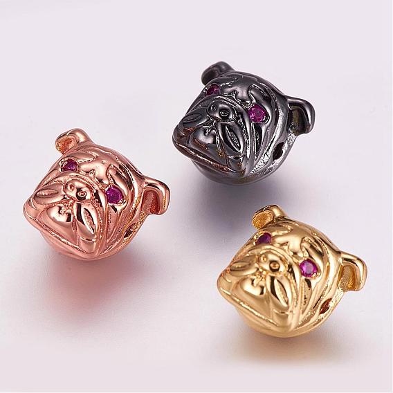 Brass Micro Pave Cubic Zirconia Puppy Beads, Bulldog Head