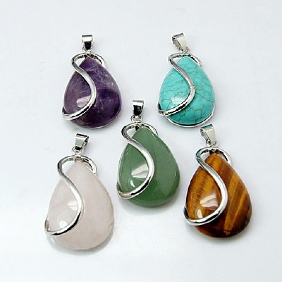 Gemstone Pendants, with Brass Findings, Drop, Nickel Metal Color, 42x21x10mm, Hole: 4x5mm