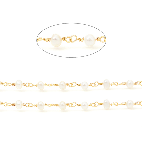 Латунная цепочка из бисера ручной работы, с натуральным пресноводным жемчугом, долговечный, несварные, с катушкой, круглые