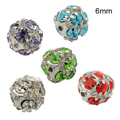 Brass Rhinestone Beads, with Iron Single Core, Grade A, Platinum Metal Color, Round, 6mm in diameter, Hole: 1mm