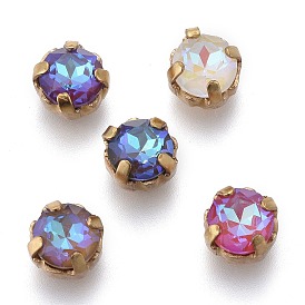 Шить на горный хрусталь, стекло горный хрусталь, с позолоченными латунными зубцами, граненые, плоско-круглые, Радуга цветов