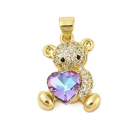 Rack Plating Brass Micro Pave Cubic Zirconia Pendants, Long-Lasting Plated, Lead Free & Cadmium Free, Bear with Heart