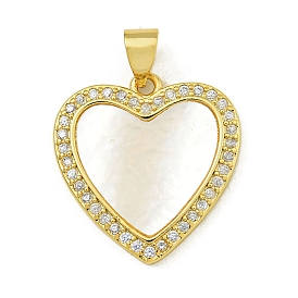 Rack Plating Brass Micro Pave Clear Cubic Zirconia Pendants, Natural Shell Heart Charms, Lead Free & Cadmium Free, Long-Lasting Plated