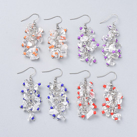 Cuelga los pendientes, con perlas de cristal de la semilla, cuentas de chips de cristal de cuarzo natural y ganchos para pendientes de acero inoxidable
