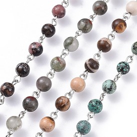 Handmade Natural Gemstone Beaded Chains, with Iron Eye Pin, Round, Unwelded