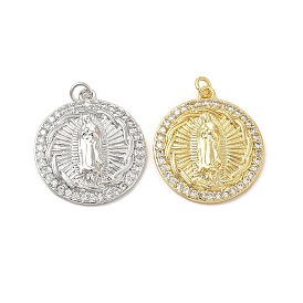 Brass Micro Pave Cubic Zirconia Pendants, with Jump Ring, Flat Round with Religion Virgin Mary Charm