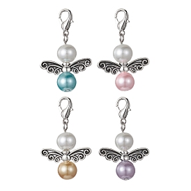 Angel Alloy & Glass Pearl Round Bead Pendant Decorations, with Alloy Lobster Claw Clasps