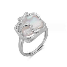 Irregular Pearl Adjustable Ring, Rhodium Plated 925 Sterling Silver Ring