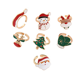 Christmas Theme Alloy Enamel Open Cuff Ring, for Women, Deer & Gloves & Tree & Snowman, Light Gold