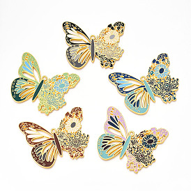 Rack Plating Alloy Enamel Big Pendants, Cadmium Free & Nickel Free & Lead Free, Butterfly with Flower Charms, Golden