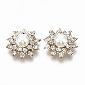 Alloy Cabochons, with Rhinestone and ABS Plastic Imitation Pearl, Flower, Golden