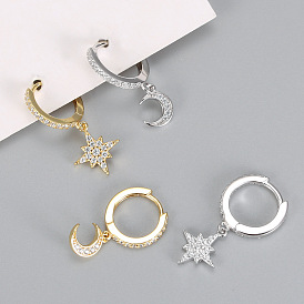 Asymmetric Star and Moon Earrings in 925 Silver for Women, Minimalist Style