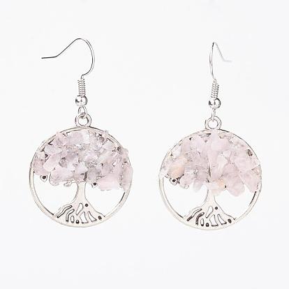 Natural Gemstone Dangle Earrings, with Brass Earring Hooks and Alloy Pendants, Flat Round with Tree of Life