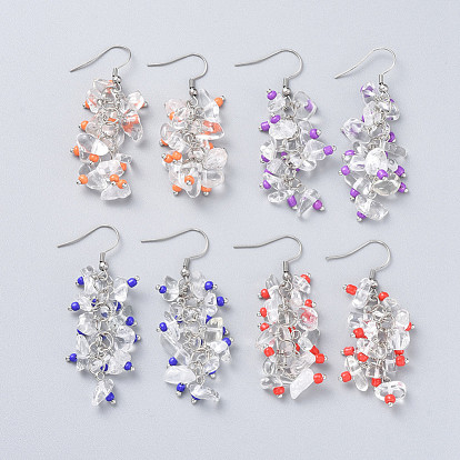Cuelga los pendientes, con perlas de cristal de la semilla, cuentas de chips de cristal de cuarzo natural y ganchos para pendientes de acero inoxidable