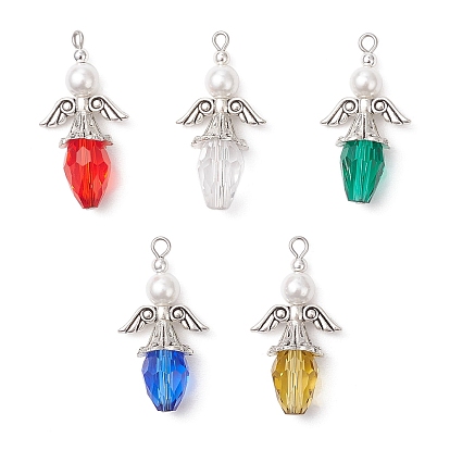 Сплав стекла подвески, ангел, с круглой ракушкой и железной петлей, граненые